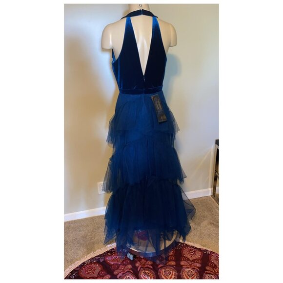 BCBGMAXAZRIA TIERED FLOOR LENGTH GOWN IN POSEIDON BLUE - Picture 2 of 8